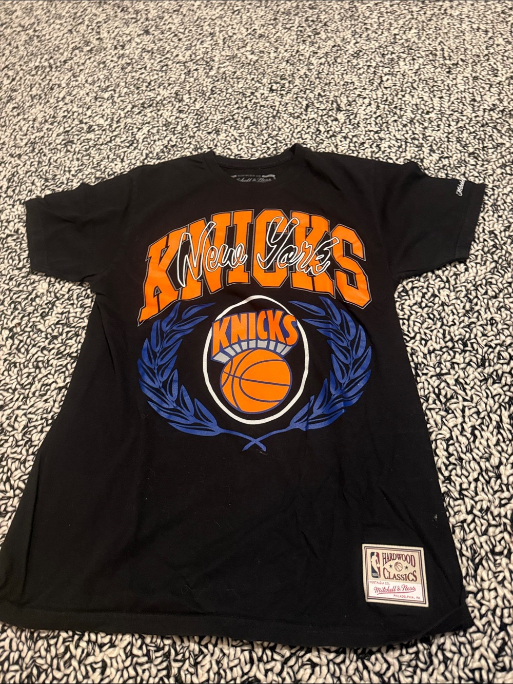 Mitchell & Ness Black New York Knicks Graphic Tee with Orange and Blue Logo